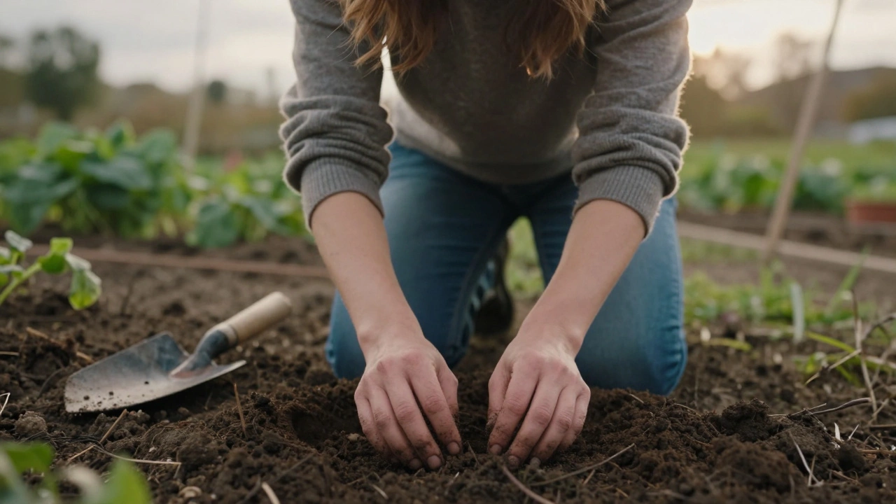 A woman kneeling in a garden, hands covered in dirt, surrounded by plants.