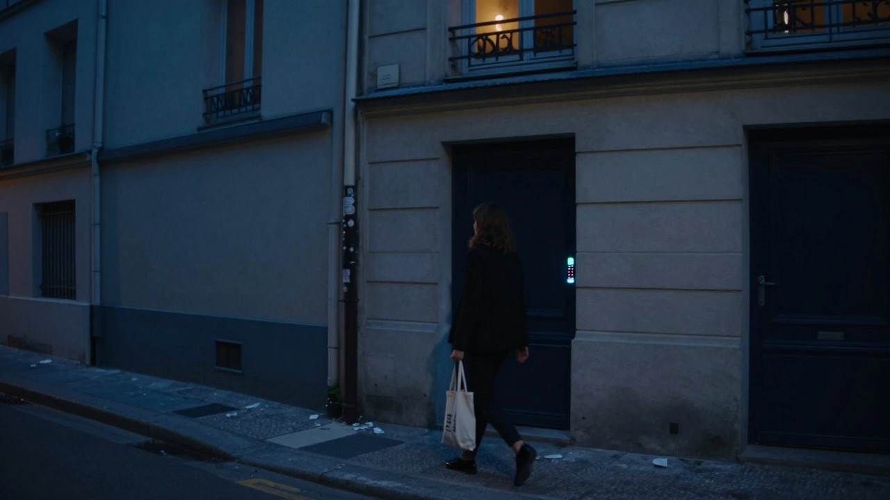 A woman walking away from a discreet residential door in a quiet Paris street at night.