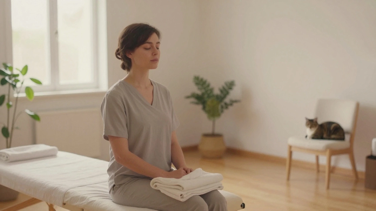 Someone sitting quietly in a calm room, towel on lap, cat nearby, no massage in sight.