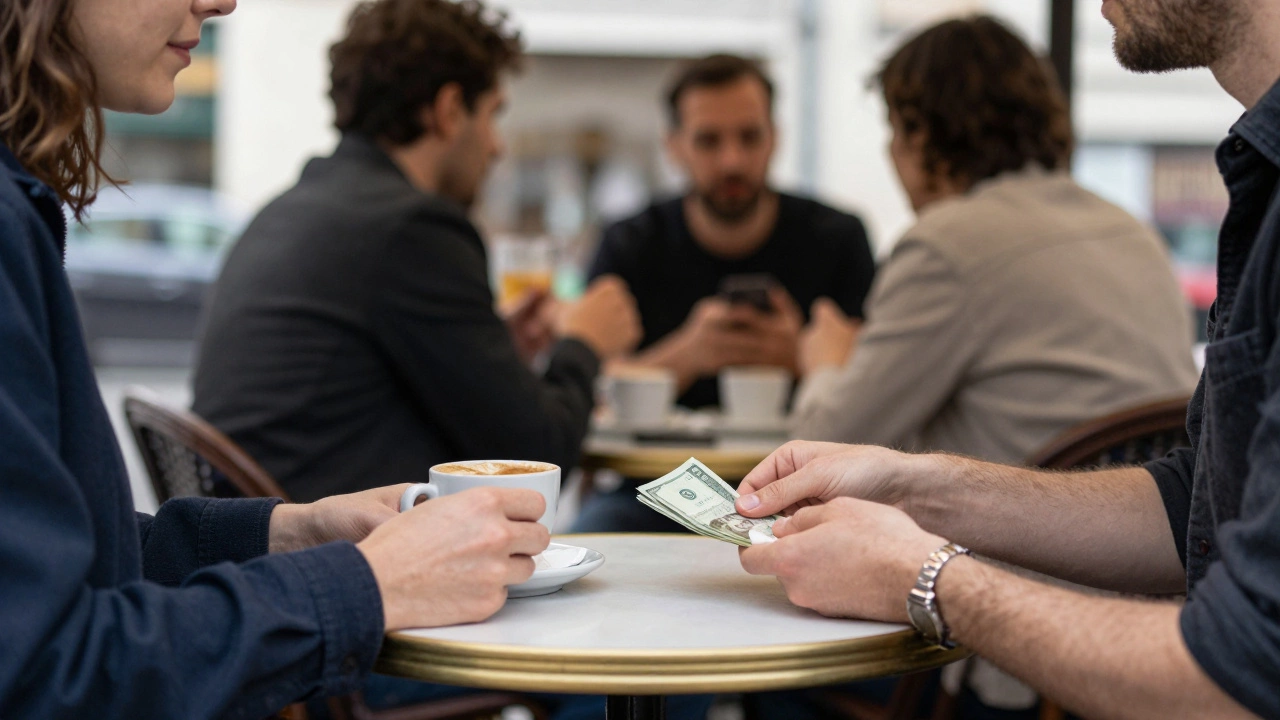 Two hands exchanging cash at a Paris café, faces unseen, quiet and unspoken.
